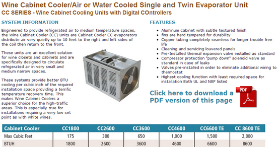 Wine Cabinets Cooling Systems - CC Series Product Specifications